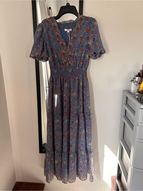 Max Studio Blue Floral Maxi Dress with Smocked Waist